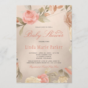 Coral Gold Peach Cream Floral Baby Shower Invitation