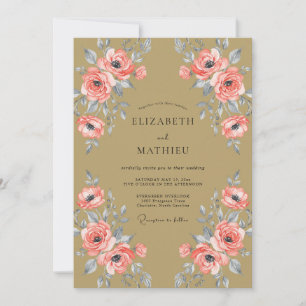 Coral Gold Ranunculus Eucalyptus Wedding Invitation