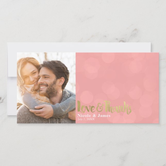 Coral Gold Wedding Photo Love & Thanks Thank You Card (Front)