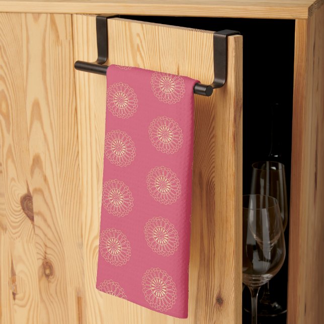 Coral | Golden Zinnia Flower Medallions Kitchen Towel (Thirds Fold)