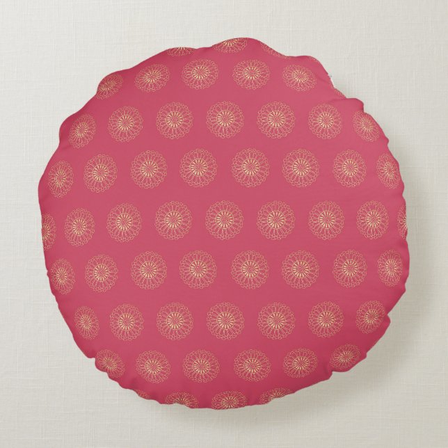 Coral | Golden Zinnia Flower Medallions Round Pillow (Back)
