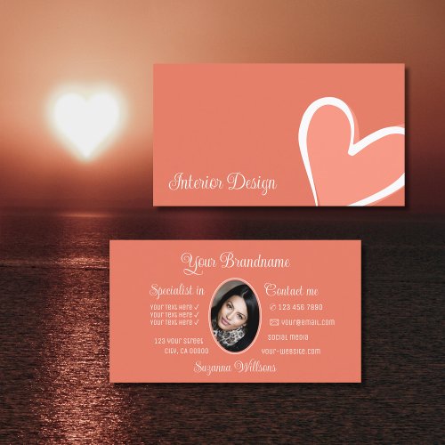 Coral Gorgeous Pink Heart Modern with Photo Cute Business Card