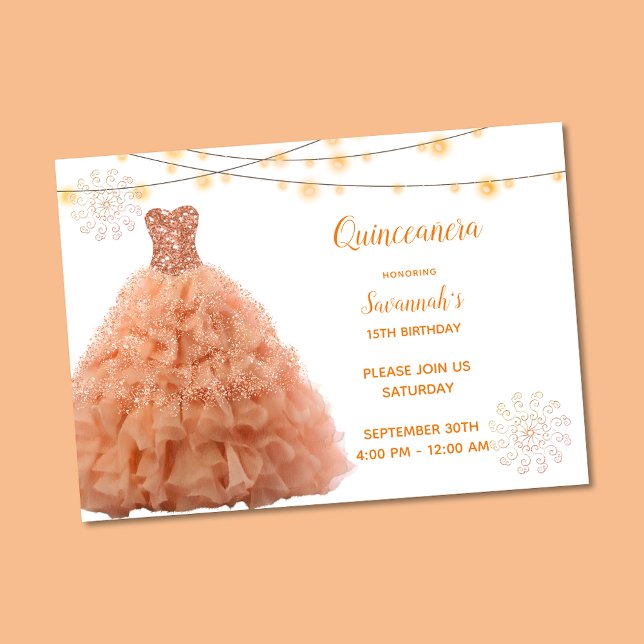 Coral Gown String Lights Quinceanera Invitation (Creator Uploaded)