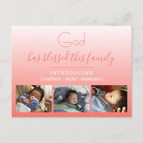 Coral Gradient 3 Photo Collage God And Family Announcement Postcard