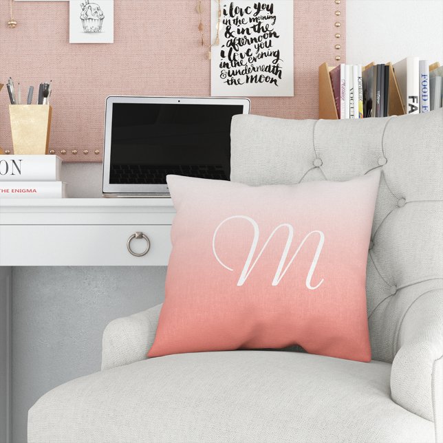 Coral Gradient Ombre Initial Monogram Throw Pillow (Creator Uploaded)