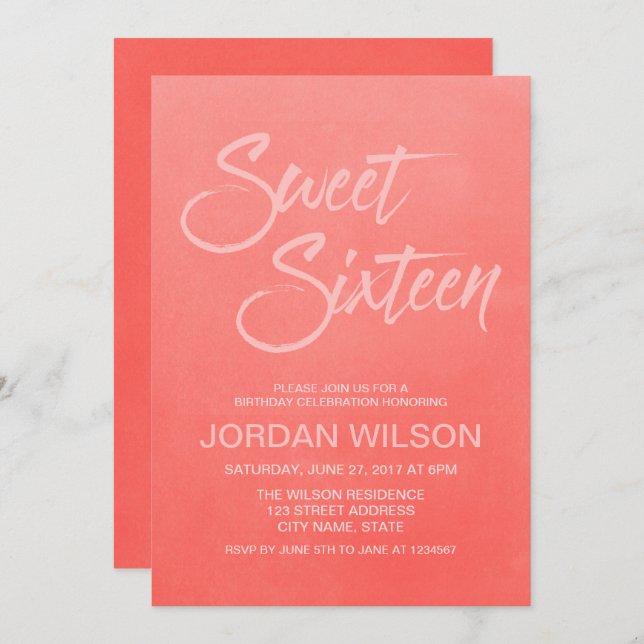 Coral Gradient Sweet 16 Birthday Invitation (Front/Back)