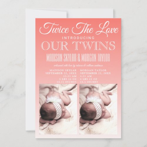 Coral Gradient Twins Love 2 Photo Typography Announcement