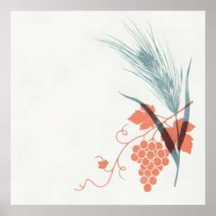 Coral Grapes Teal Wheat Minimal Harvest Art Poster