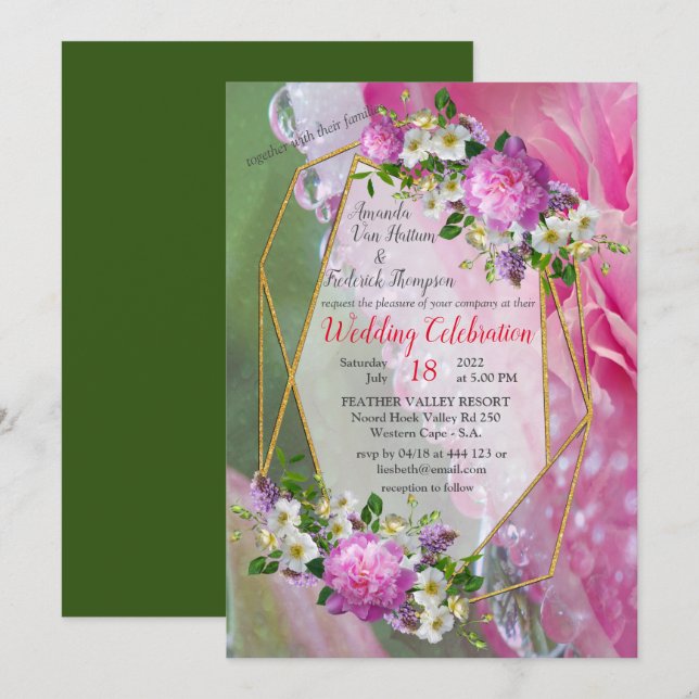 Coral, Grass & Peony-pink Blooms Invitation (Front/Back)