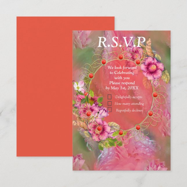 Coral, Grass & Peony-pink Blooms RSVP Card (Front/Back)