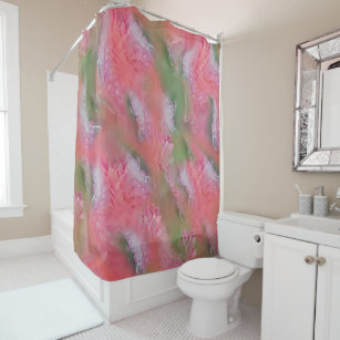 Coral, Grass & Peony-pink Blooms Shower Curtain