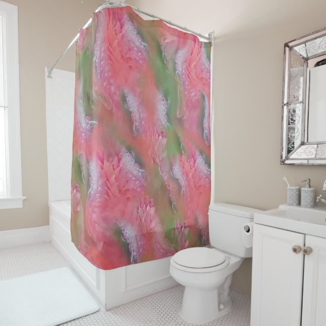 Coral, Grass & Peony-pink Blooms Shower Curtain (In Situ)