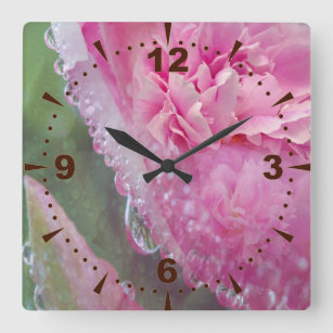 Coral, Grass & Peony-pink Blooms Square Wall Clock