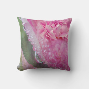 Coral, Grass & Peony-pink Blooms Throw Pillow