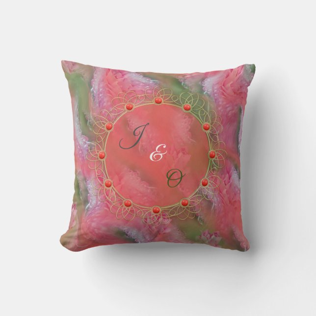 Coral, Grass & Peony-pink Blooms Throw Pillow (Front)