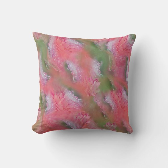 Coral, Grass & Peony-pink Blooms Throw Pillow (Front)