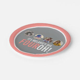 Coral gray 40th FOUROH! four photos birthday Paper Plates