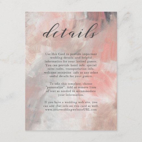 Coral Gray Abstract Brushstrokes Wedding Details Enclosure Card