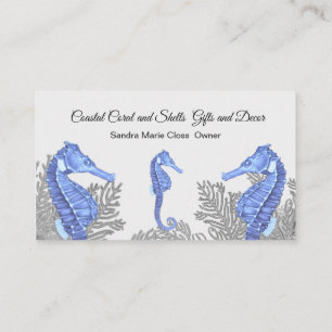 Coral Gray Blue Seahorse Simple Coastal Business Card