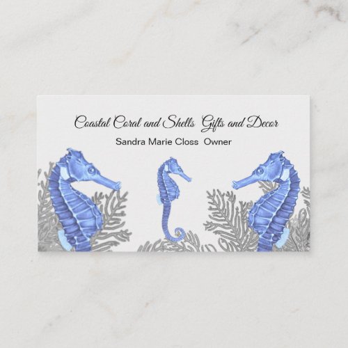 Coral Gray Blue Seahorse  Simple Coastal Business Card