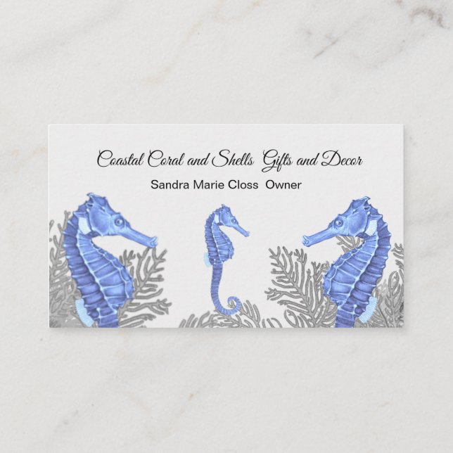 Coral Gray Blue Seahorse  Simple Coastal Business Card (Back)