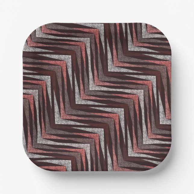 Coral, gray, brown zigzag pattern. paper plates (Front)