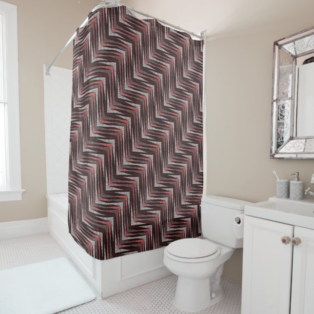 Coral, gray, brown zigzag pattern. shower curtain (In Situ)