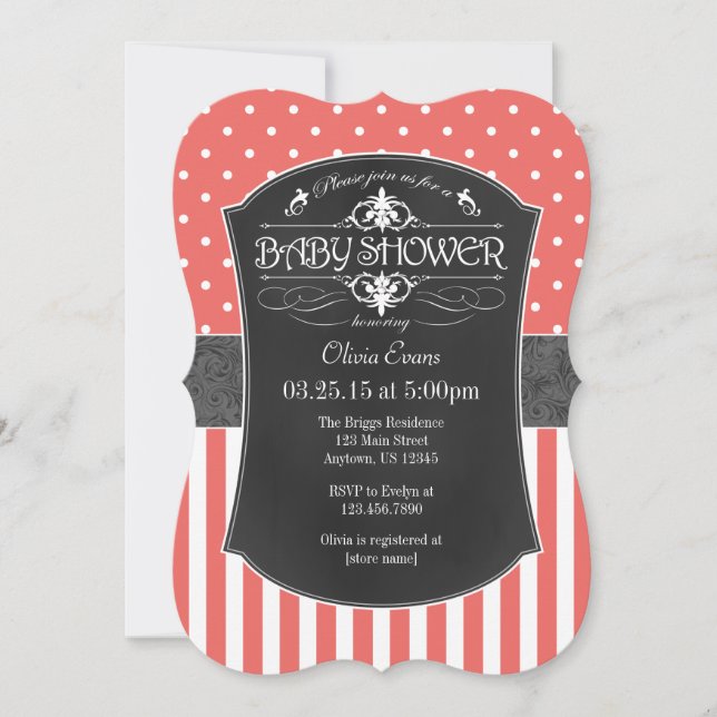 Coral Gray Chalkboard Stripes Baby Shower Invite (Front)