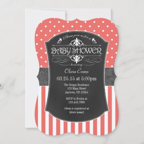 Coral Gray Chalkboard Stripes Baby Shower Invite