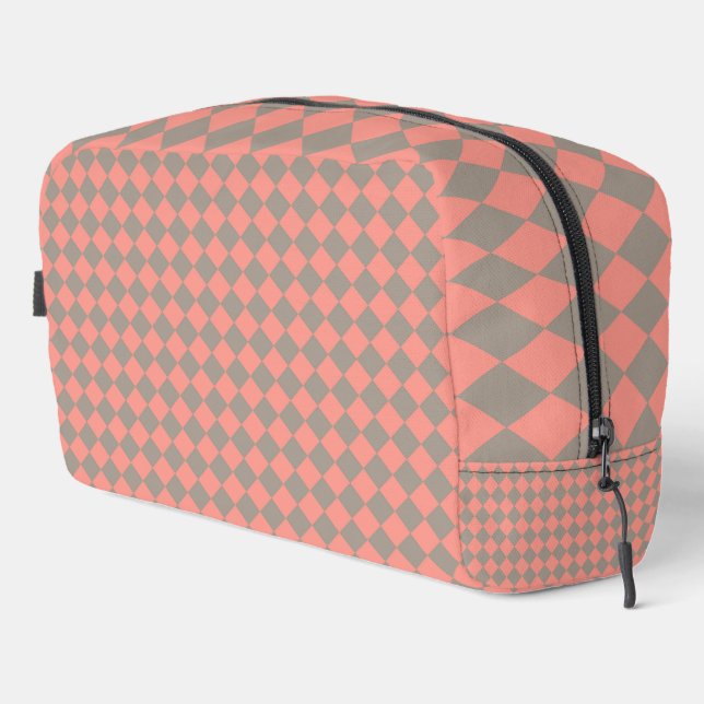Coral Gray Checker Diamond Pattern Toiletry Bag (Right Corner)