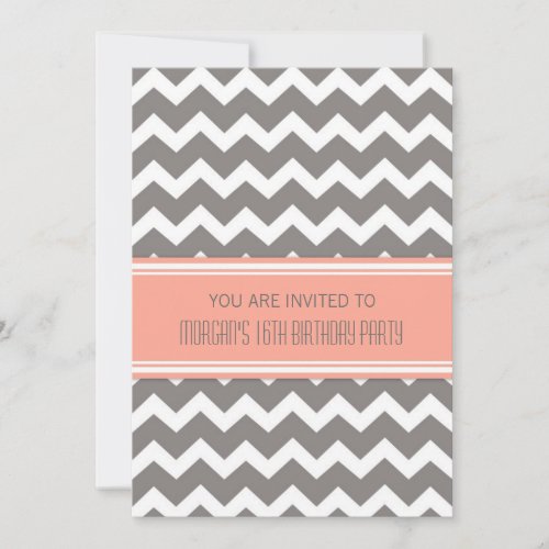 Coral Gray Chevron 16th Birthday Party Invitations