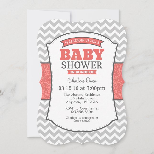 Coral Gray Chevron Baby Shower Invitation (Front)