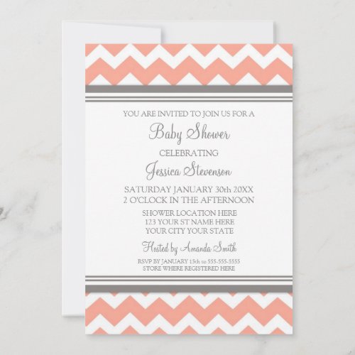 Coral Gray Chevron Custom Baby Shower Invitations