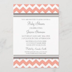 Coral Gray Chevron Custom Baby Shower Invitations