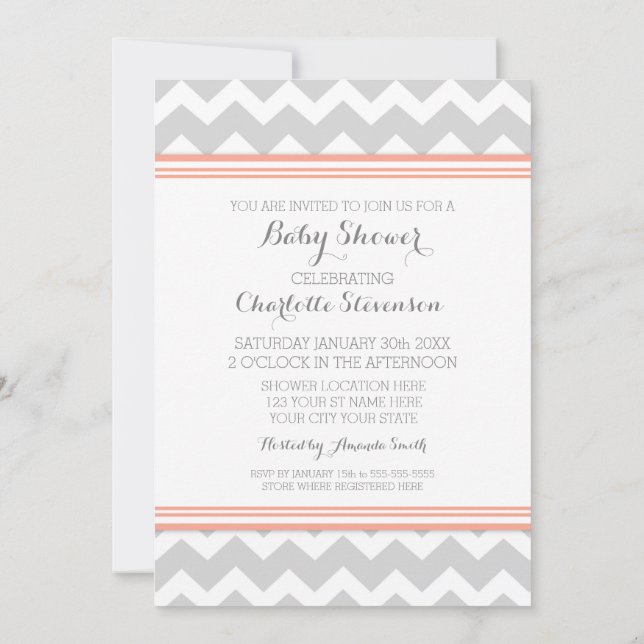 Coral Gray Chevron Custom Baby Shower Invitations (Back)
