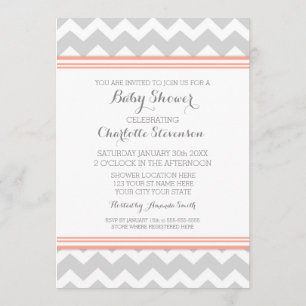 Coral Gray Chevron Custom Baby Shower Invitations