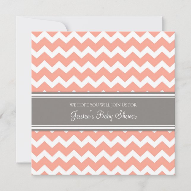 Coral Gray Chevron Custom Baby Shower Invitations (Front)