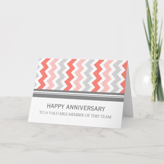 Coral Gray Chevron Employee Anniversary Card (Front)