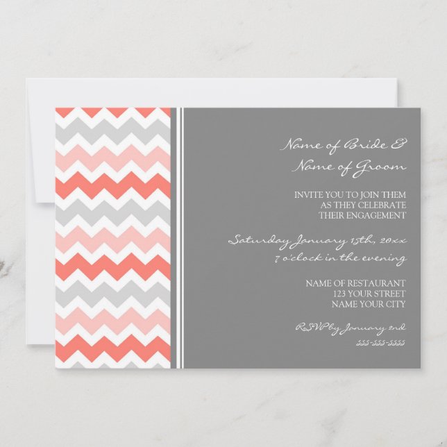 Coral Gray Chevron Engagement Party Invitations (Front)
