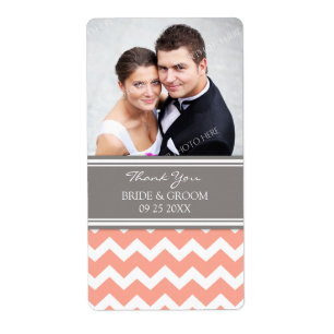Coral Gray Chevron Photo Wedding Labels