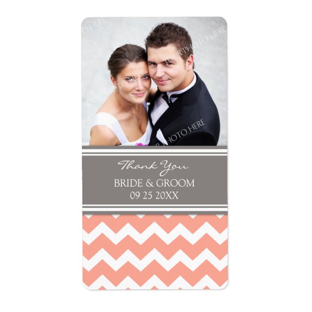 Coral Gray Chevron Photo Wedding Labels (Front)