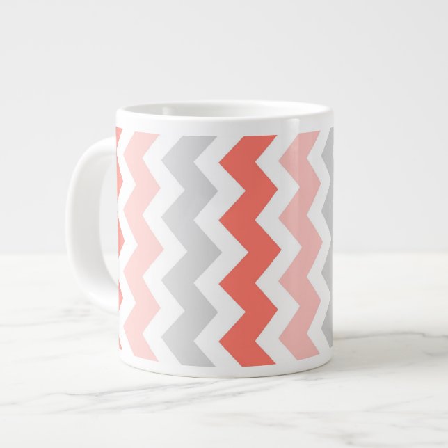 Coral Gray Chevrons Jumbo Coffee Mug (Front Left)