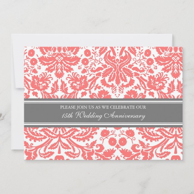 Coral Gray Damask 15th Anniversary Invitation (Front)