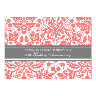 Coral Gray Damask 15th Anniversary Invitation