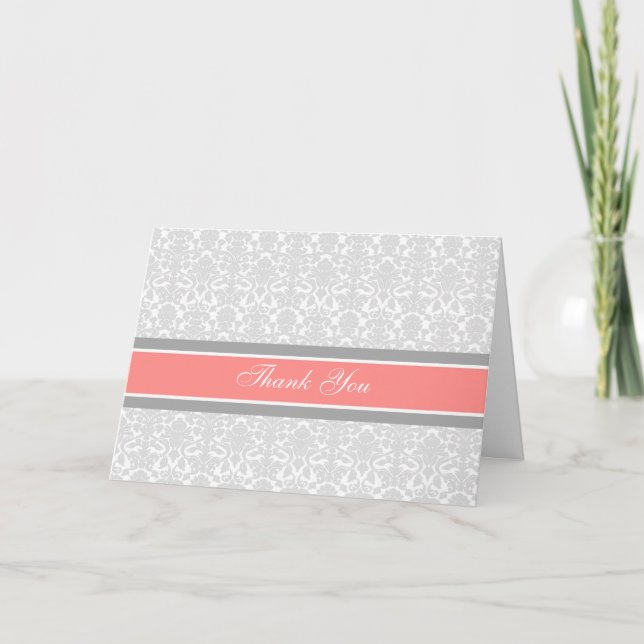 Coral Gray Damask Baby Shower Thank You Card (Front)