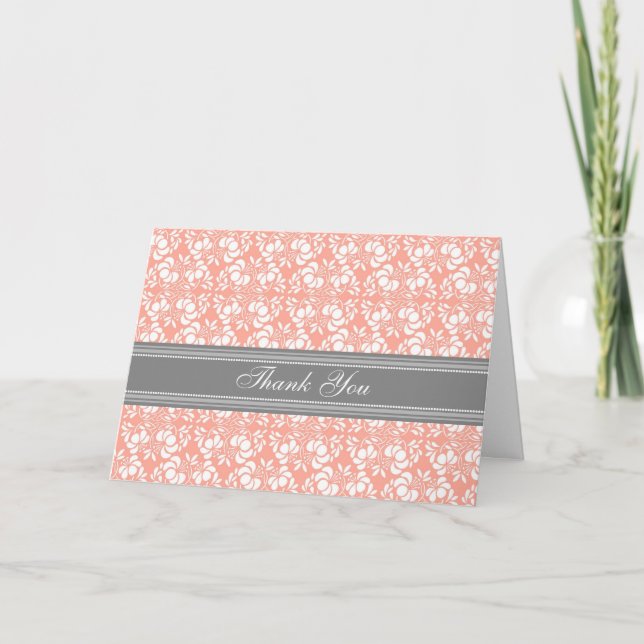 Coral Gray Damask Baby Shower Thank You Card (Front)