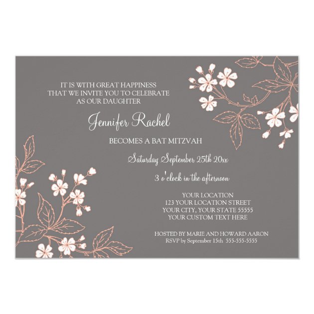 Coral Gray Damask Bat Mitzvah Invitations