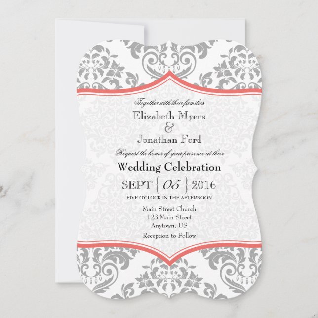 Coral Gray Damask Bracket Wedding Invite (Front)