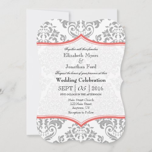 Coral Gray Damask Bracket Wedding Invite