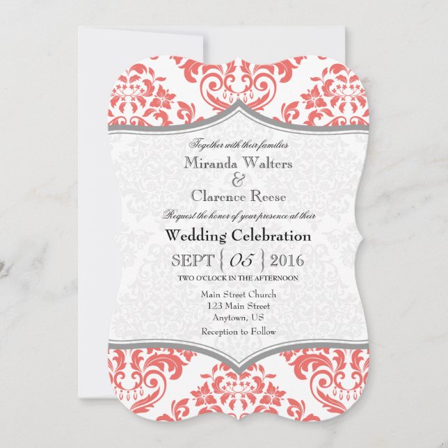 Coral Gray Damask Bracket Wedding Invite (Front)